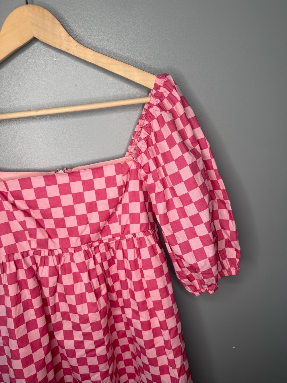 Moodie Pink Checker Square Neck Puff Sleeve Babydoll - Picture 5 of 10